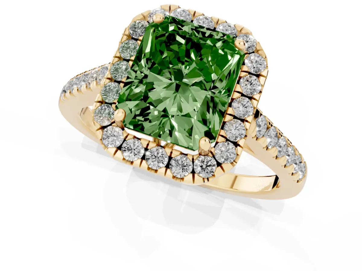 Fancy Green Radiant Cut Halo Pavé Diamond Engagement Ring with Four-Prong Setting Yellow gold