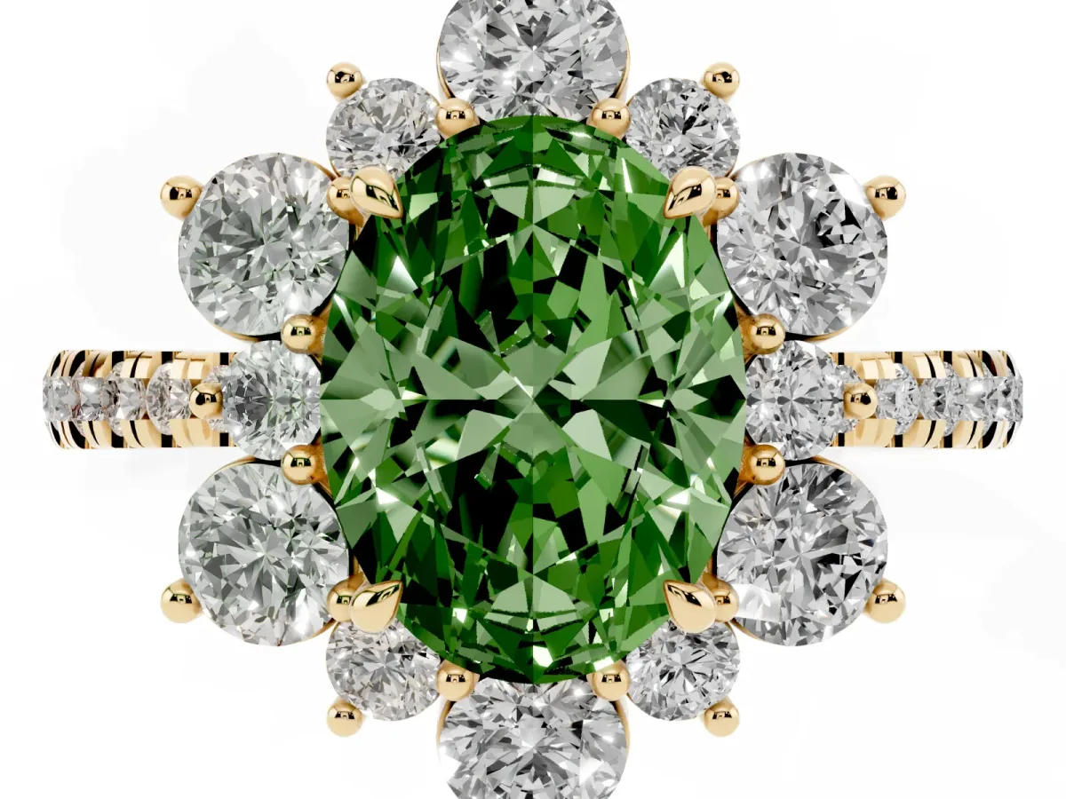 Fancy Green Oval Cut Diamond Floral Halo Ring with Round Pavé Band and Prong Setting Yellow gold