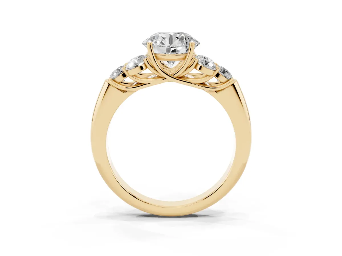 Round Cut Cut Diamond Cluster Ring with Round Accent Stones and Prong Setting on a Classic Band Yellow gold