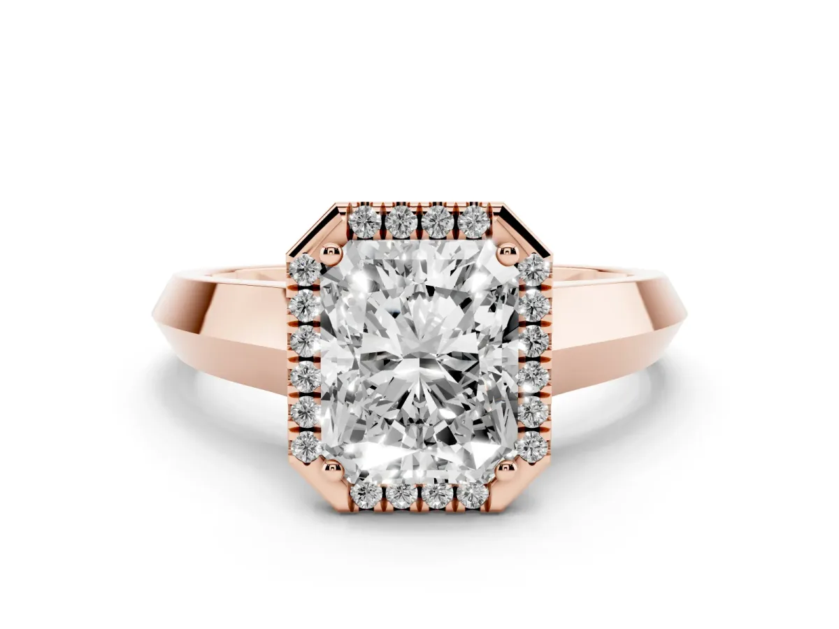 Radiant Cut Halo Diamond Ring with Cathedral Band and Four-Prong Setting Rose gold