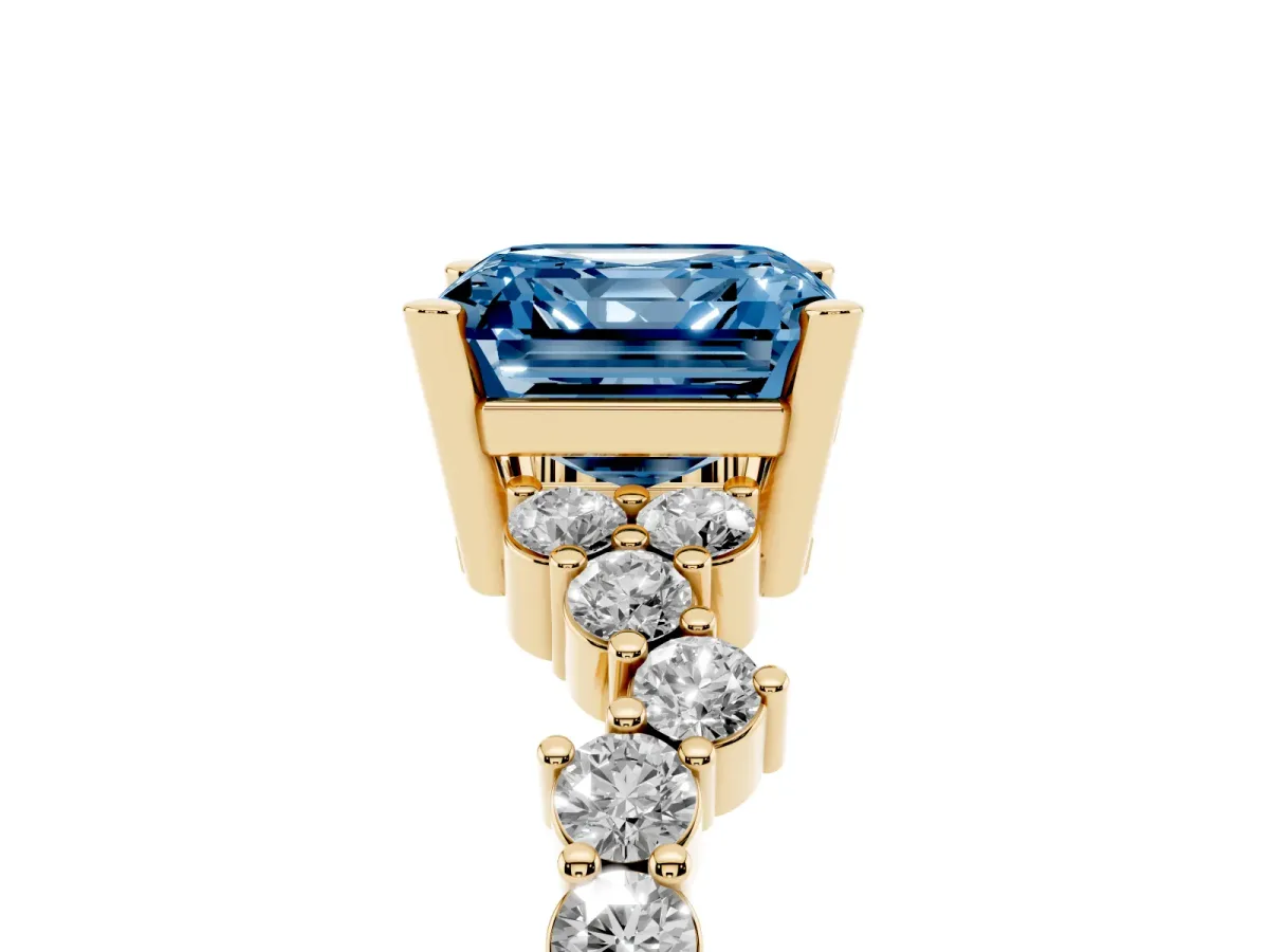 Fancy Blue Asscher Cut Diamond Scattered Round Accent Ring with Prong Setting Yellow gold