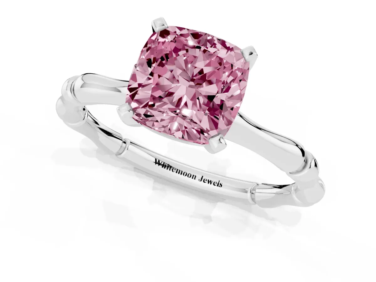Fancy Pink Cushion Cut Solitaire Diamond Ring with Bamboo Band and Four-Prong Setting Silver