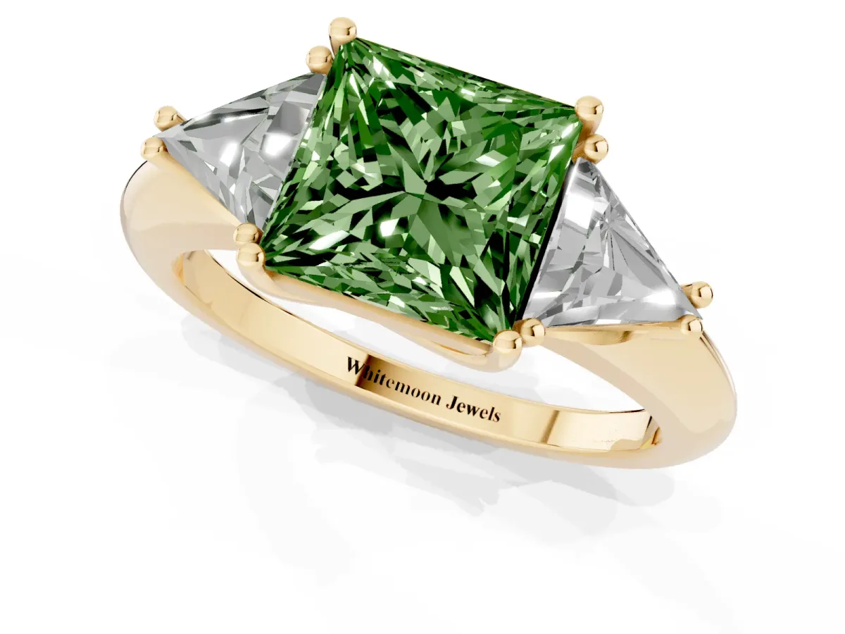 Fancy Green Three-Stone Princess Cut Diamond Engagement Ring with Trillion Side Stones and Prong Setting Yellow gold
