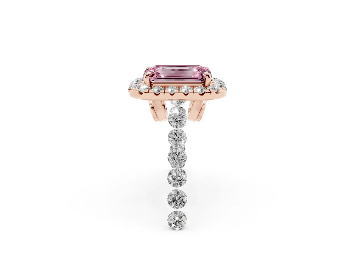 Fancy Pink Emerald Cut Halo Pavé Diamond Engagement Ring with Four-Prong Setting Rose gold