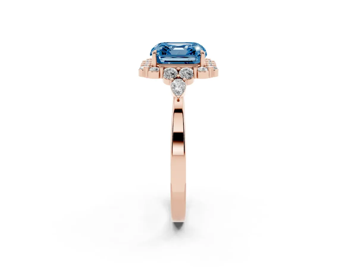 Fancy Blue Asscher Cut Diamond Halo Ring with Pear Side Stones and Prong Setting Rose gold
