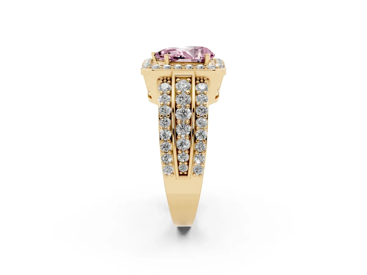 Fancy Pink Pear Cut Halo Diamond Ring with Round Split Shank and Prong Setting Yellow gold