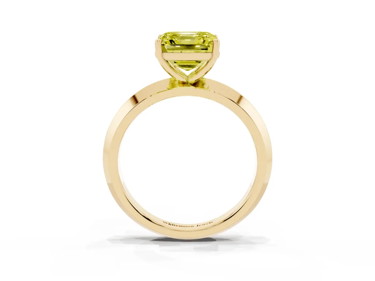 Fancy Yellow Asscher Cut Cut Solitaire Engagement Ring with Flat Band and Four-Prong Setting Yellow gold