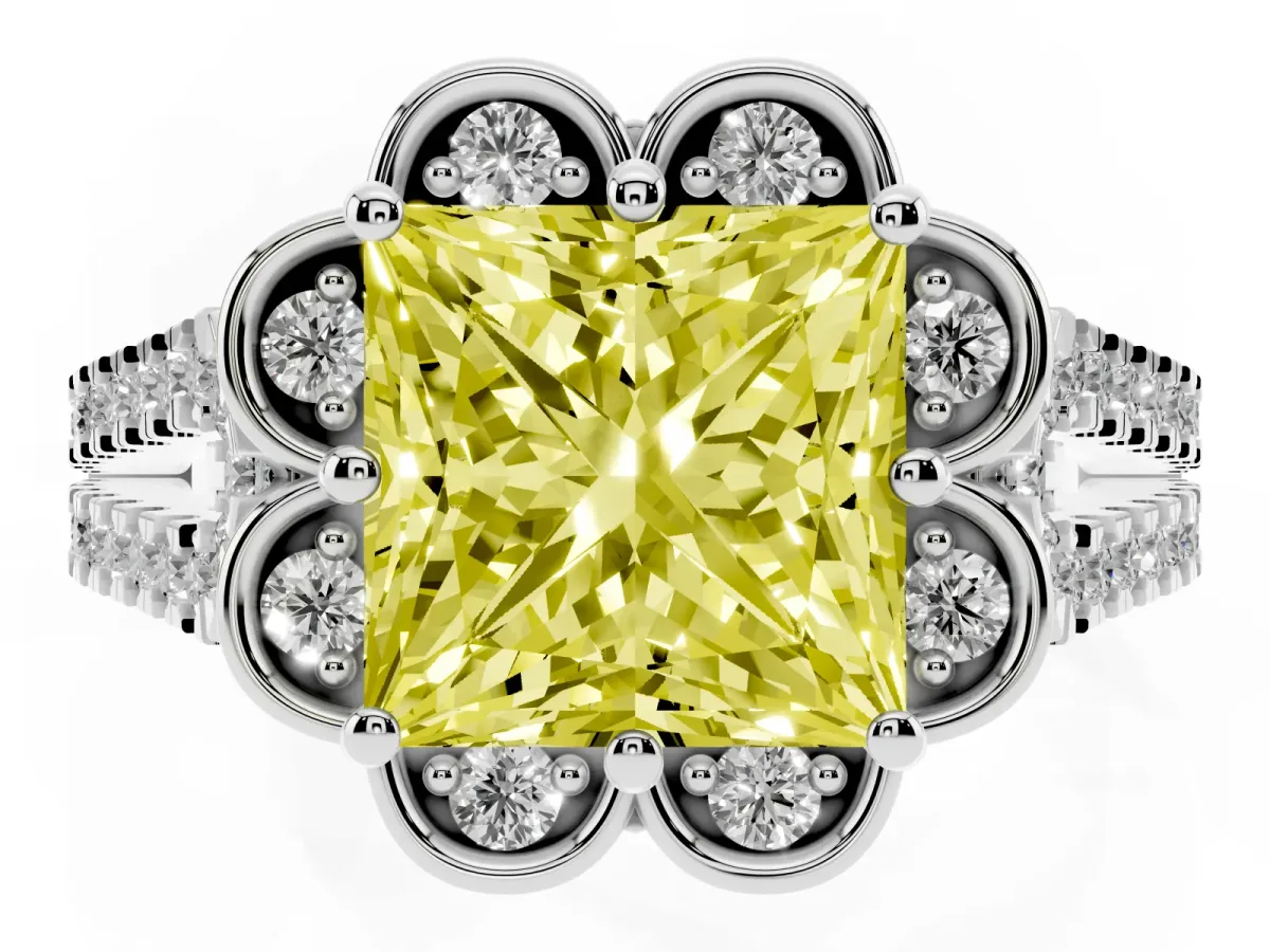 Fancy Yellow Princess Cut Halo Diamond Floral Split Shank Engagement Ring Silver