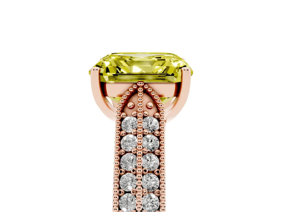 Fancy Yellow Asscher Cut Cut Pave Split Shank Engagement Ring with Four-Prong Setting Rose gold