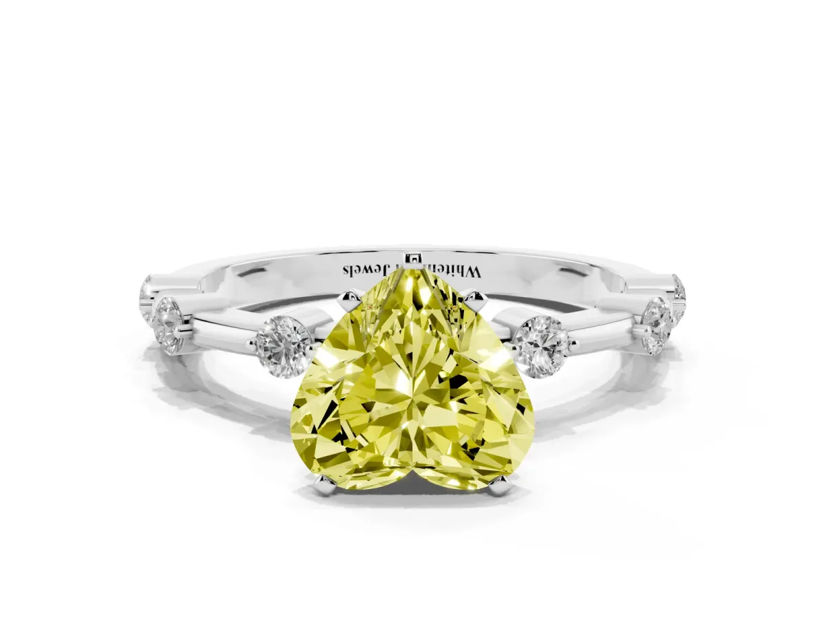 Fancy Yellow Heart Cut Solitaire Diamond Ring with Bezel Set Side Stones and Prong Setting Platinum