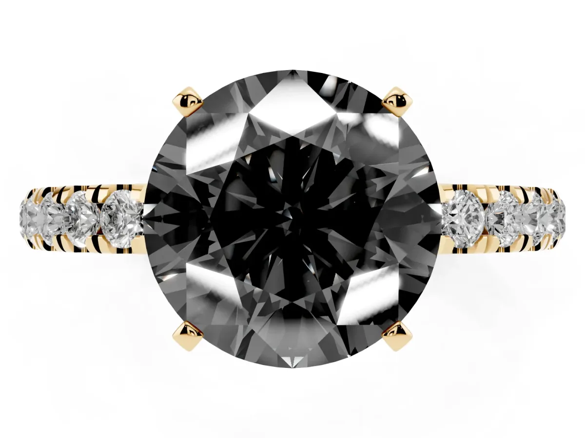 Fancy Black Round Cut Diamond Solitaire Ring with Pavé Accents and Four-Prong Setting Yellow gold