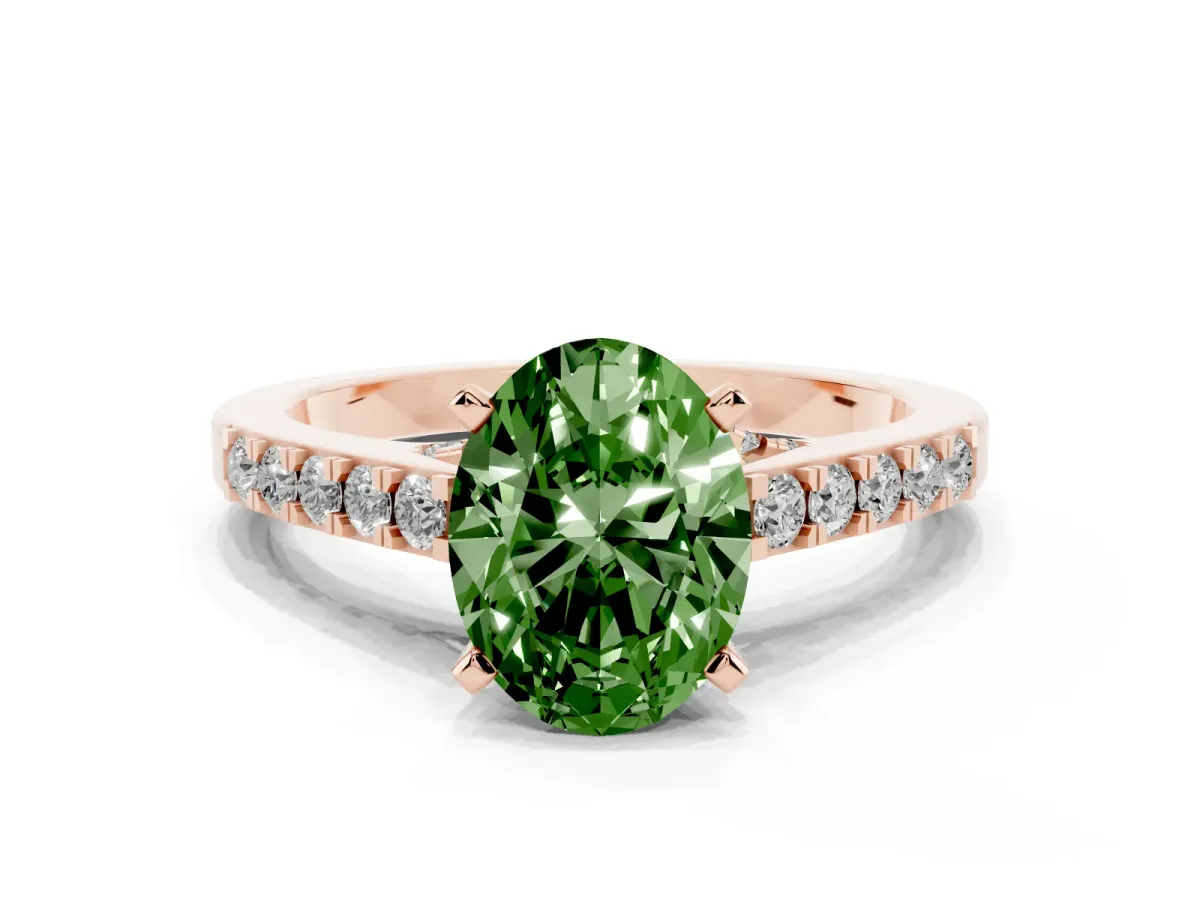 Fancy Green Oval Cut Diamond Solitaire Ring with Crossover Gallery and Round Pavé Band Rose gold