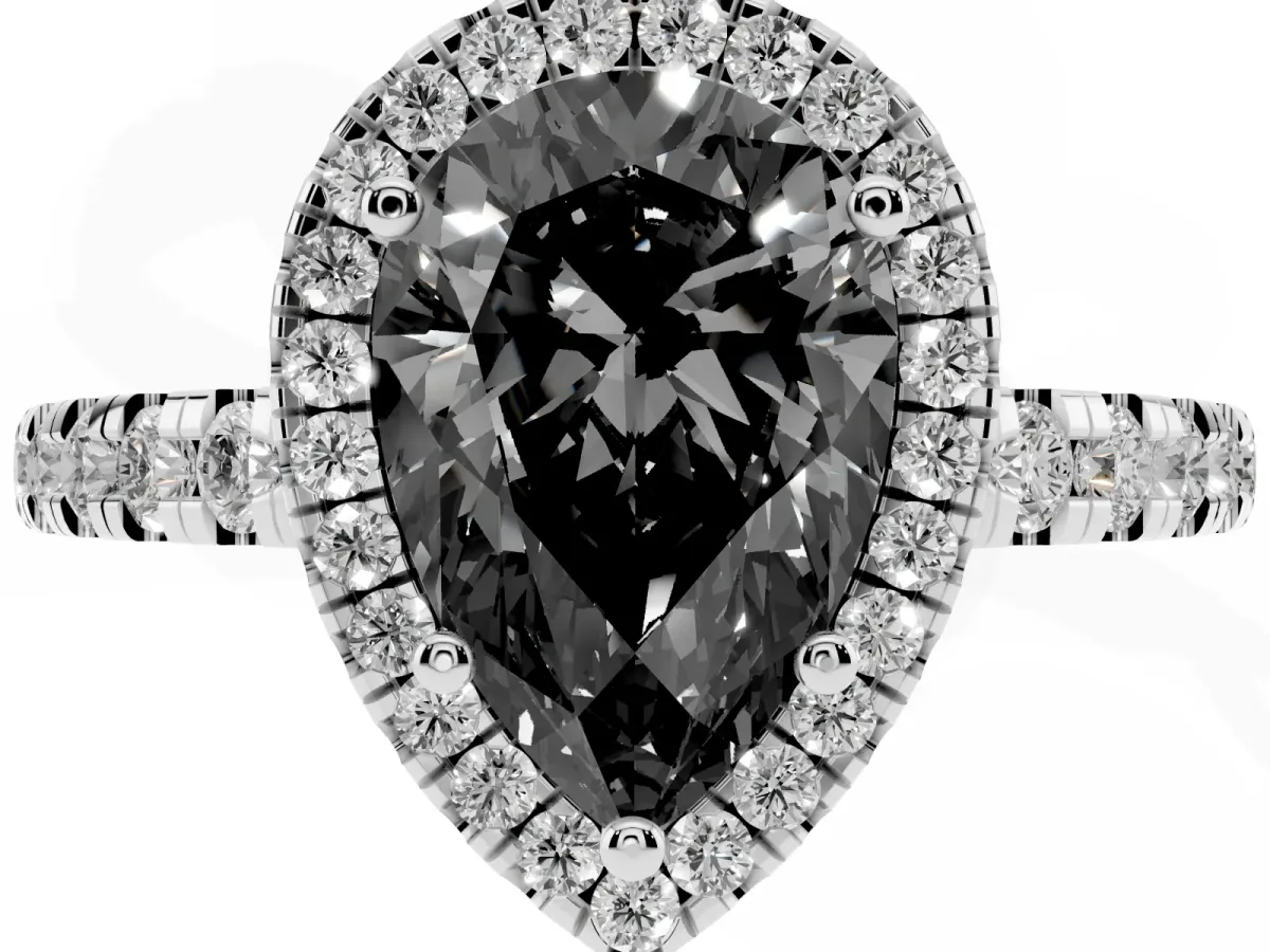 Fancy Black Pear Cut Diamond Halo Ring with Pavé Band and Four-Prong Setting Platinum