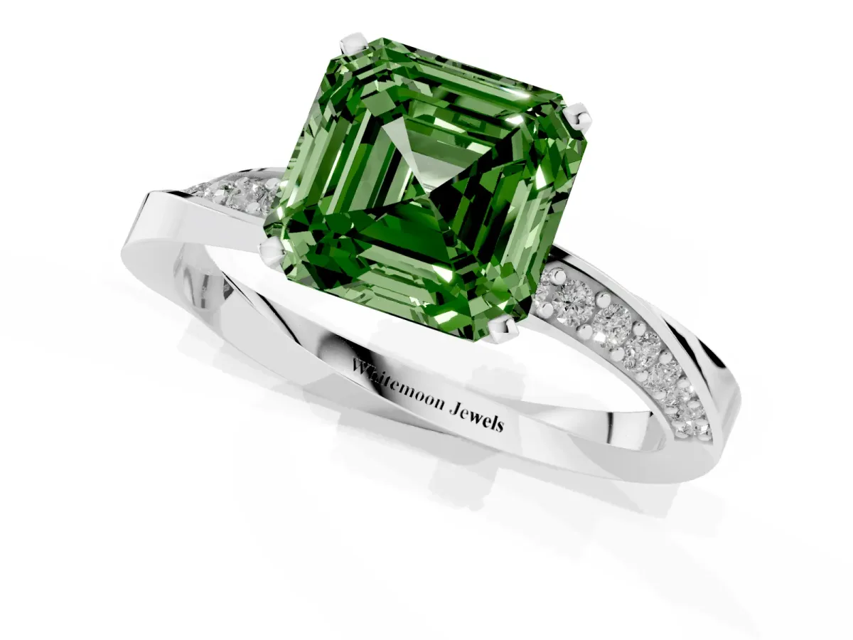 Fancy Green Asscher Cut Diamond Engagement Ring with Side Stone Accents and Four-Prong Setting Platinum