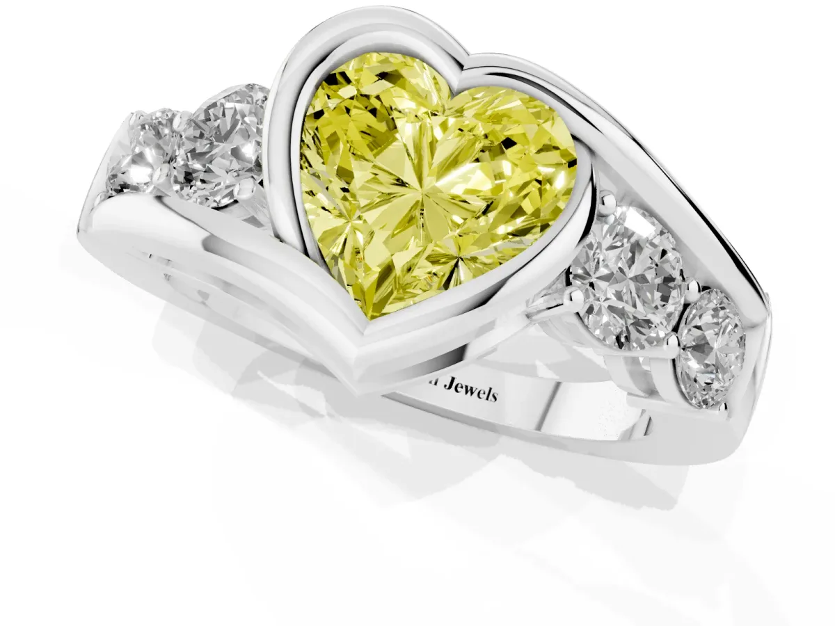 Fancy Yellow Bezel Set Heart Cut Diamond Bypass Ring with Round Accents Silver