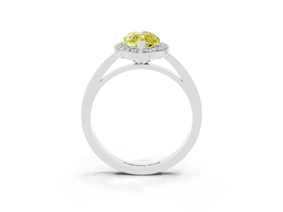 Fancy Yellow Marquise Cut Halo Diamond Ring with Solitaire Band and Prong Setting Silver