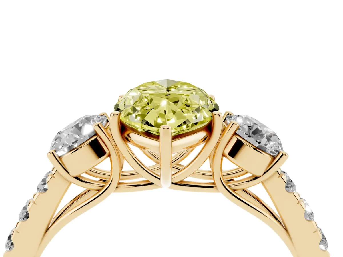 Fancy Yellow Marquise Cut Cut Diamond Three-Stone Ring with Round Side Stones and Pavé Band Yellow gold