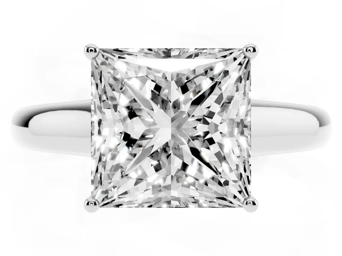 Princess Cut Solitaire Engagement Ring with Tapered Band and Four-Prong Setting Silver