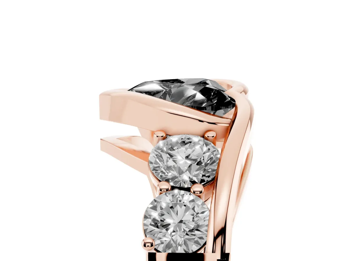 Fancy Black Bezel Set Heart Cut Diamond Bypass Ring with Round Accents Rose gold