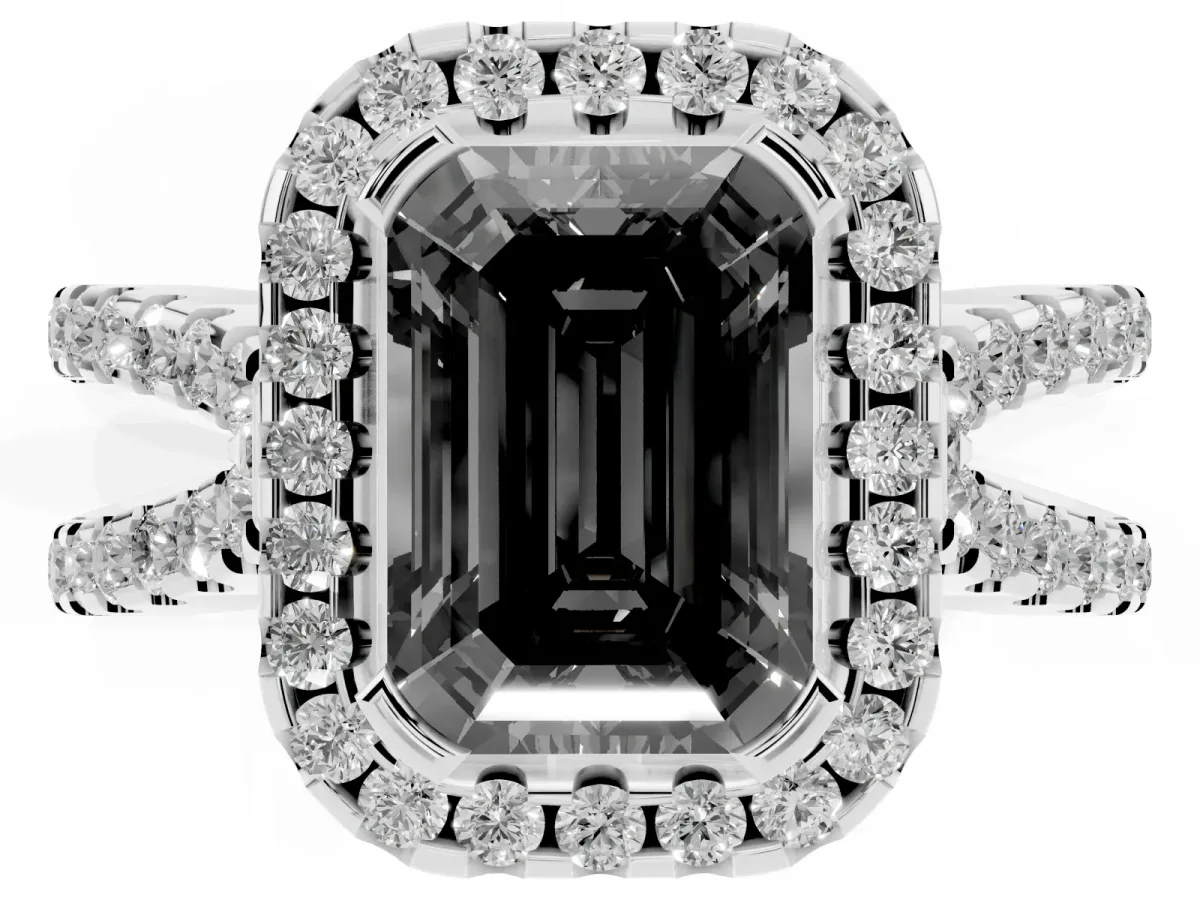 Fancy Black Emerald Cut Diamond Halo Ring with Split Shank Pavé Band and Prong Setting Platinum