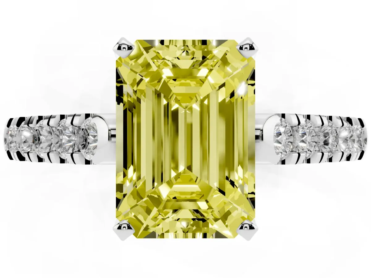 Fancy Yellow Emerald Cut Diamond Pavé Band Solitaire Ring with Prong Setting Silver