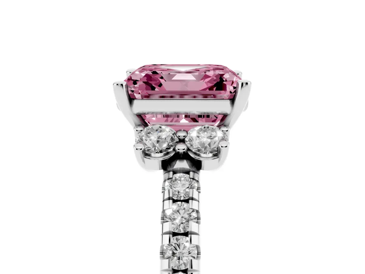 Fancy Pink Asscher Cut Diamond Three-Stone Pave Band with Four-Prong Setting Silver