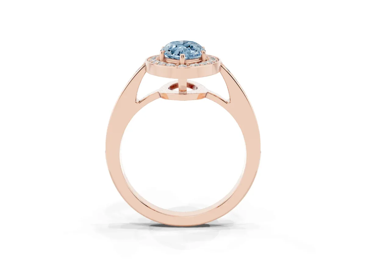 Fancy Blue Marquise Cut Halo Pavé Diamond Engagement Ring with Bezel Setting Rose gold