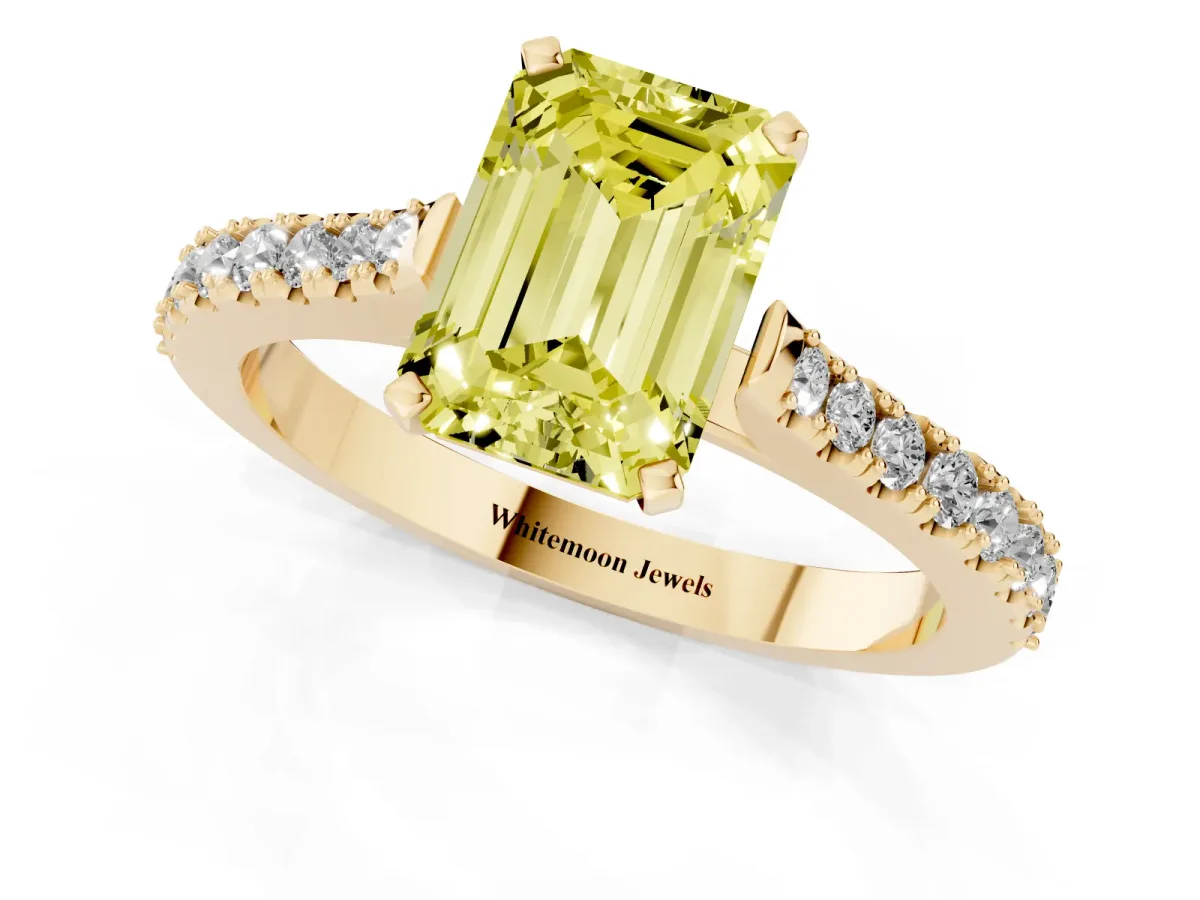 Fancy Yellow Emerald Cut Cut Solitaire Diamond Engagement Ring with Pave Band and Four-Prong Setting Yellow gold