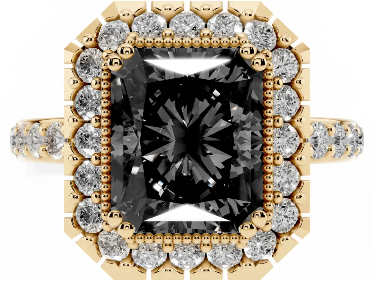 Fancy Black Radiant Cut Diamond Halo Ring with Pavé Band and Prong Setting Yellow gold