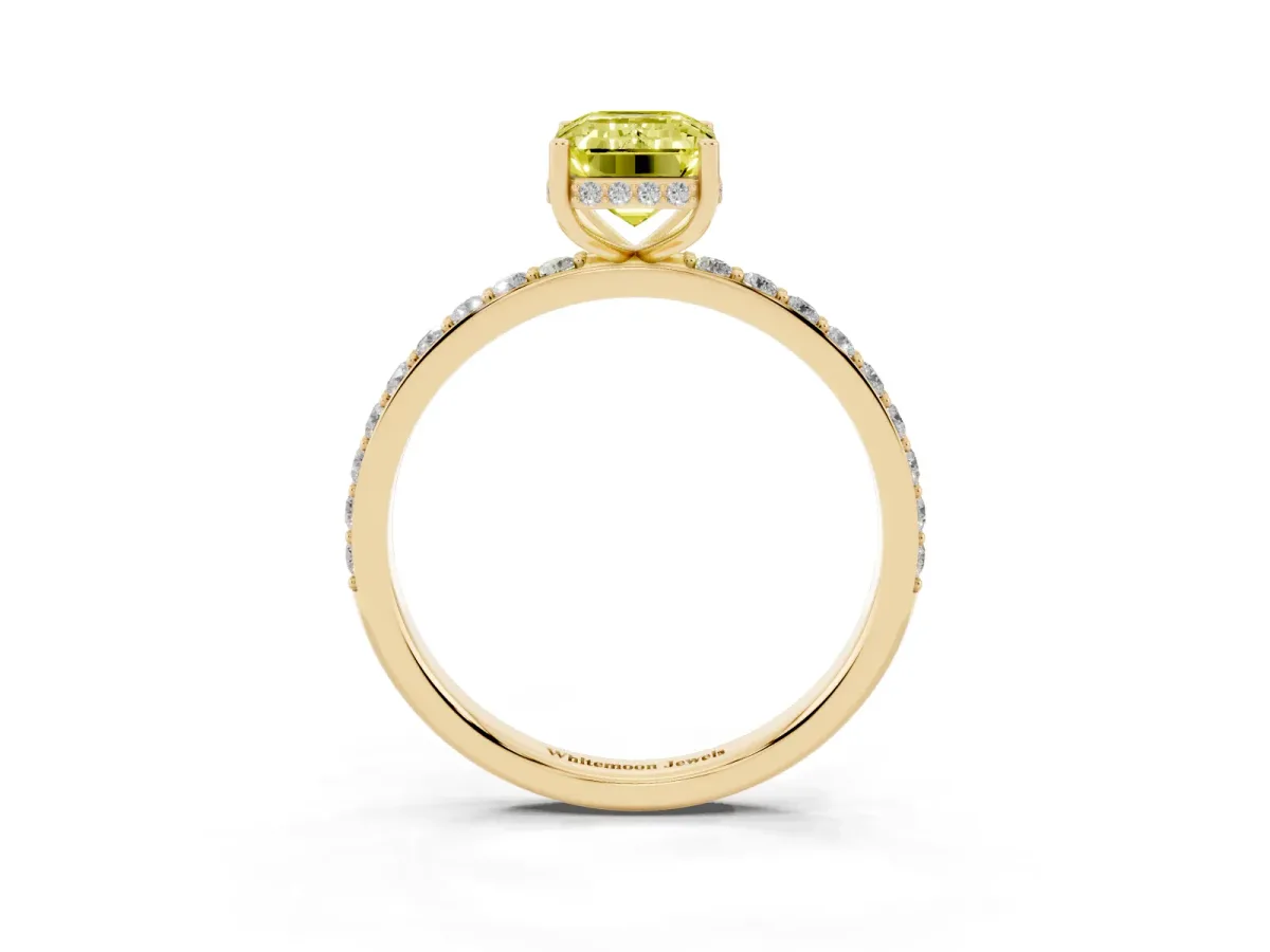 Fancy Yellow Emerald Cut Diamond Solitaire Ring with Pavé Band and Hidden Halo Yellow gold