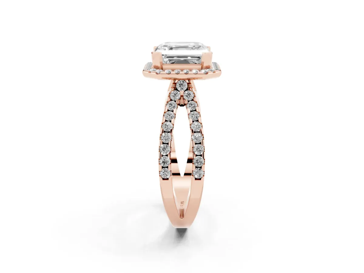 Asscher Cut Diamond Halo Ring with Split Shank Pavé Band and Prong Setting Rose gold