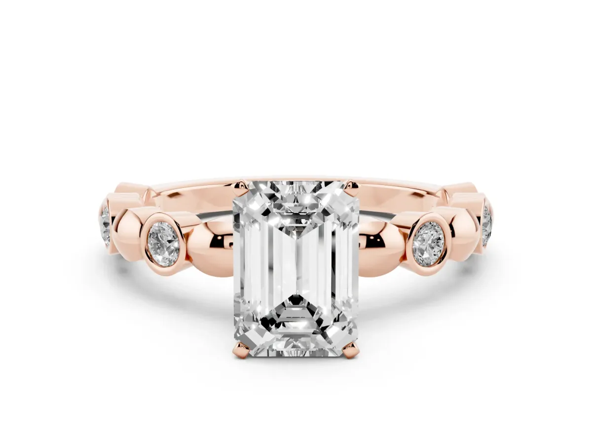 Emerald Cut Solitaire Bezel-Set Diamond Ring with Beaded Band and Four-Prong Setting Rose gold