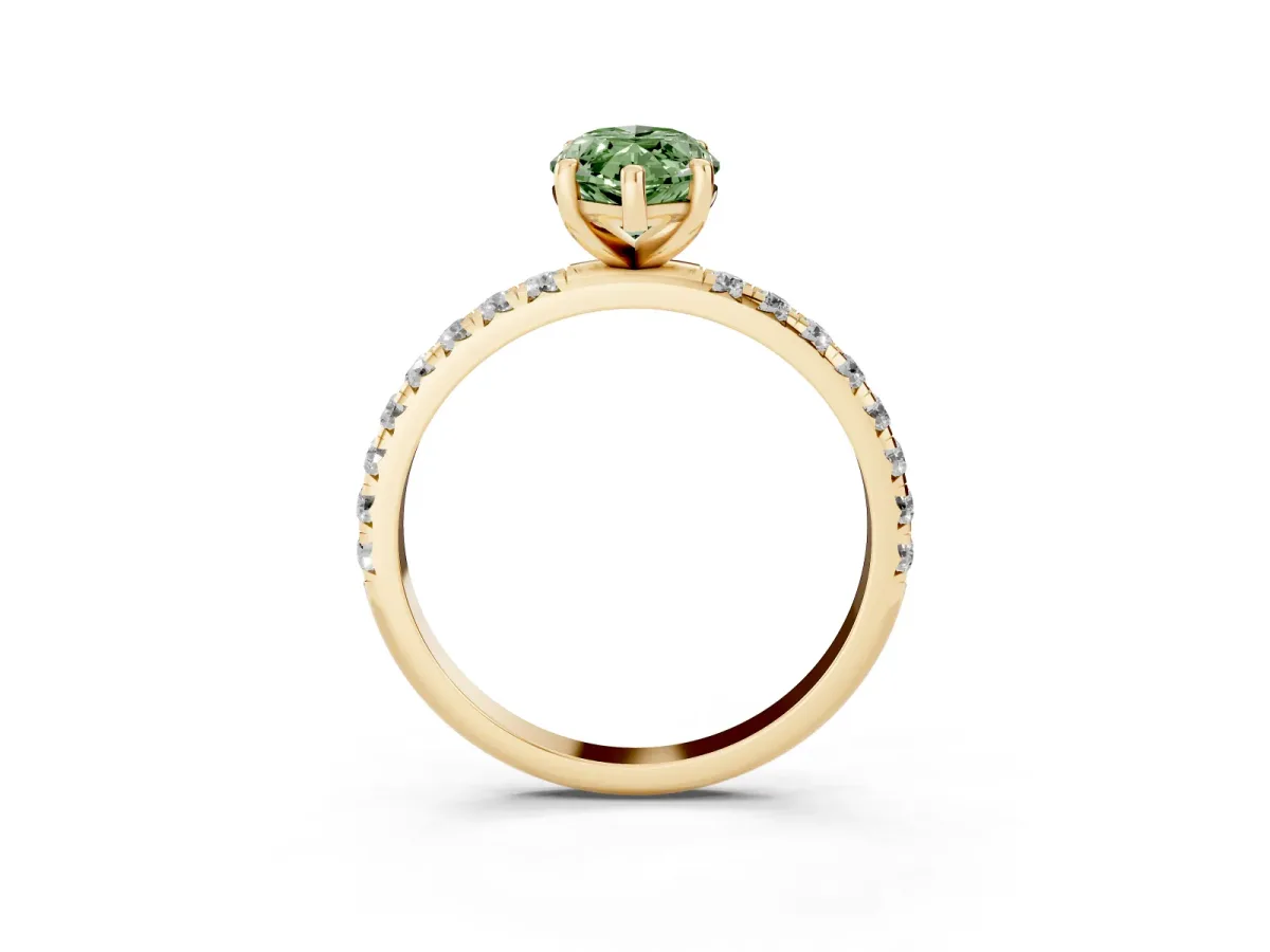 Fancy Green Marquise Cut Cut Diamond Solitaire Ring with Micro Pave Band and Four Prong Setting Yellow gold