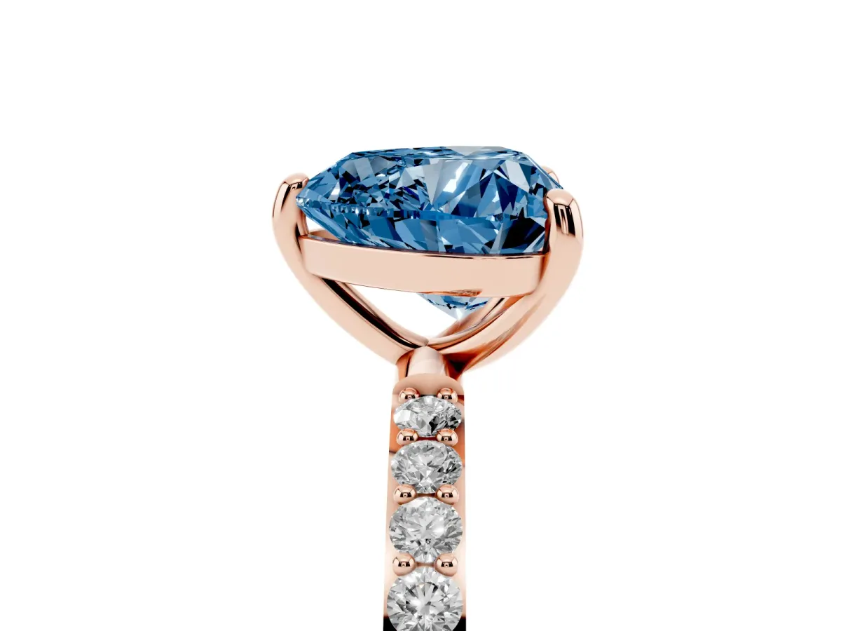 Fancy Blue Heart Cut Diamond Solitaire Ring with Round Pavé Band and Prong Setting Rose gold