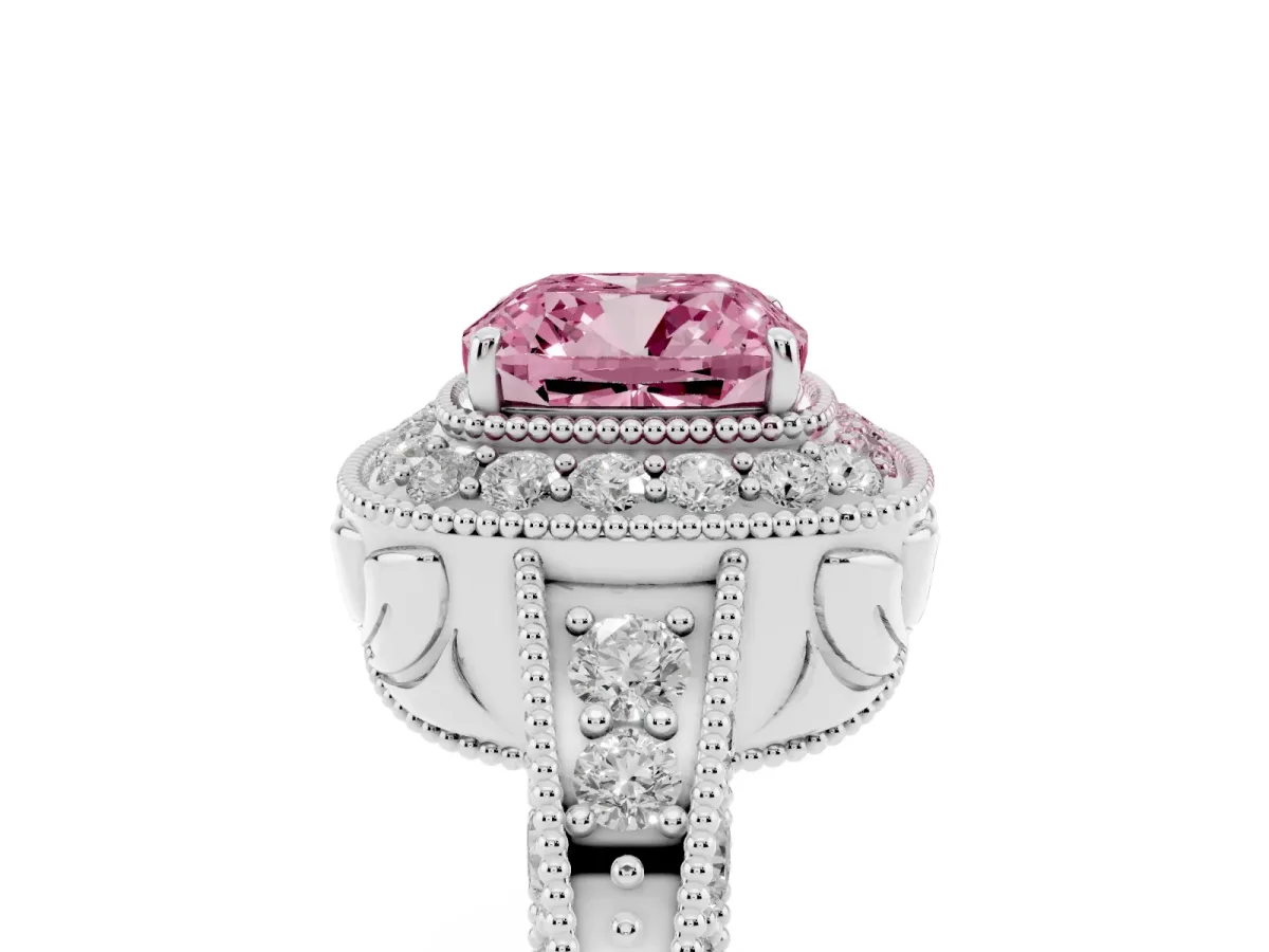 Fancy Pink Cushion Cut Halo Diamond Split Shank Ring with Milgrain Detail White gold