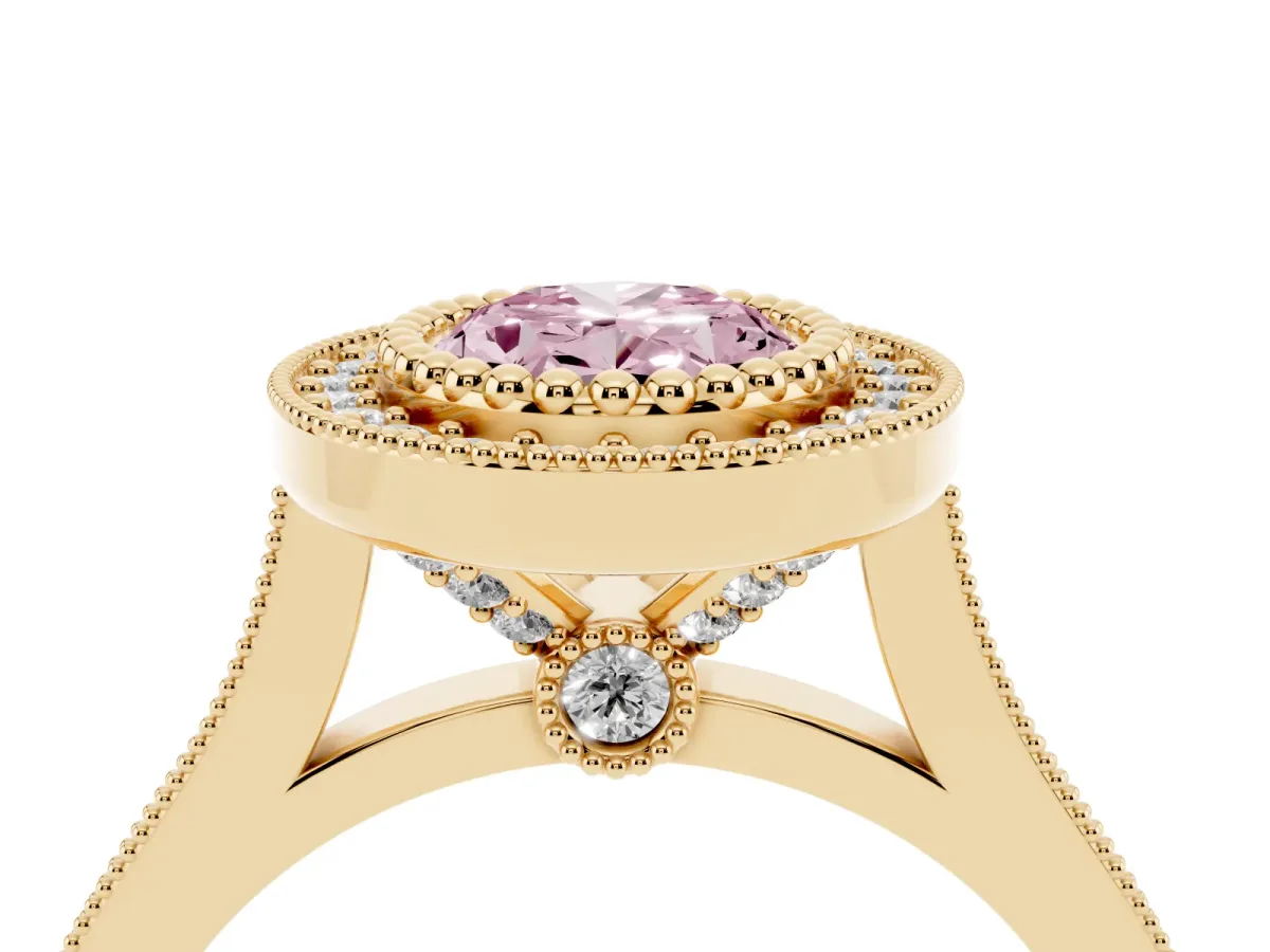 Fancy Pink Oval Cut Diamond Halo Ring with Milgrain Frame and Pavé Band Yellow gold