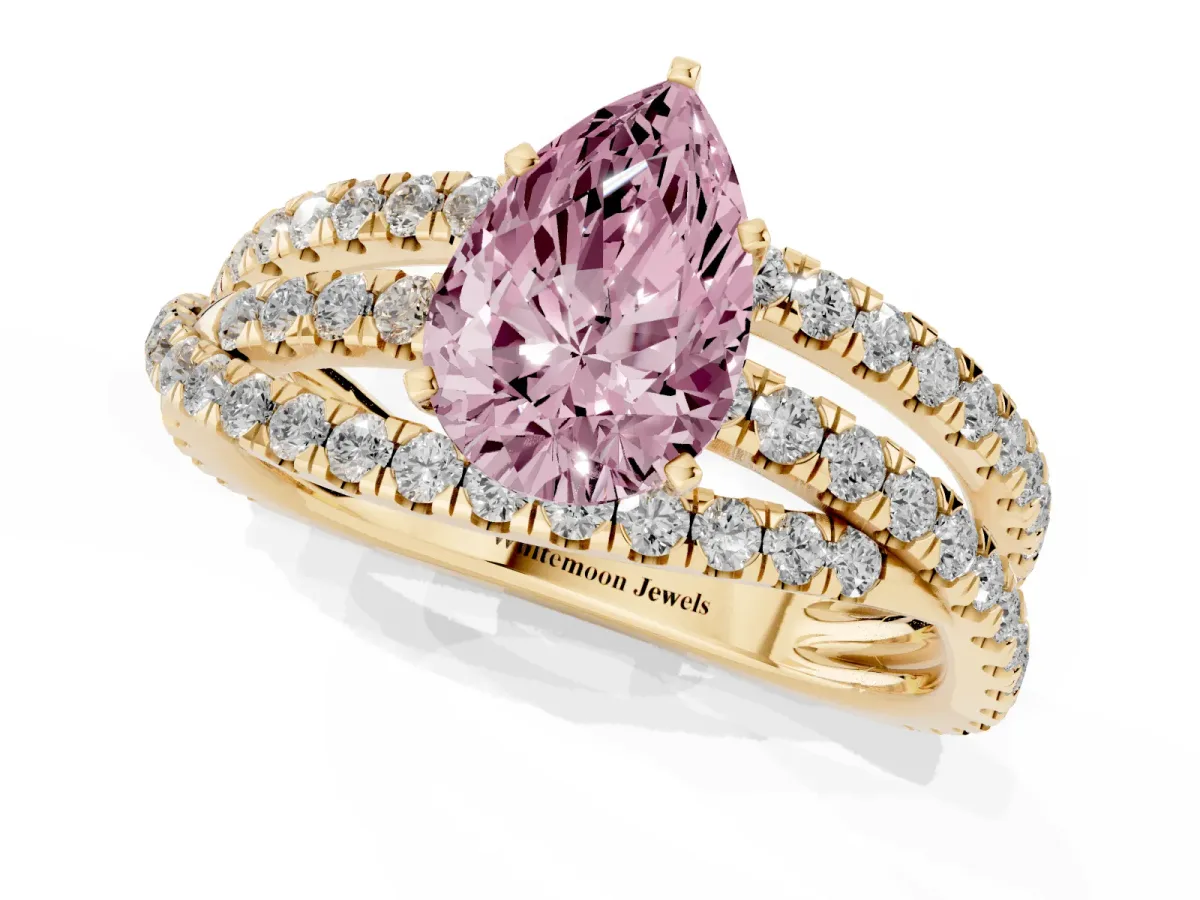 Fancy Pink Pear Cut Solitaire Twist Band with Pavé Setting and Four-Prong Setting Yellow gold