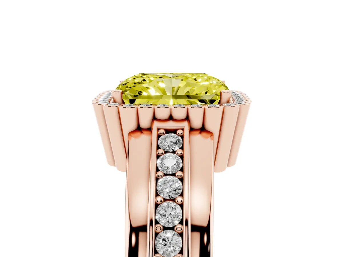 Fancy Yellow Radiant Cut Cut Halo Pave Band Four-Prong Ring Rose gold