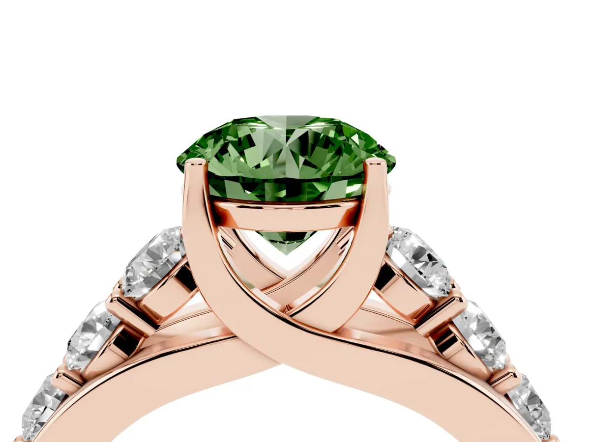 Fancy Green Round Cut Diamond Engagement Ring with Pavé Band and Four-Prong Setting Rose gold