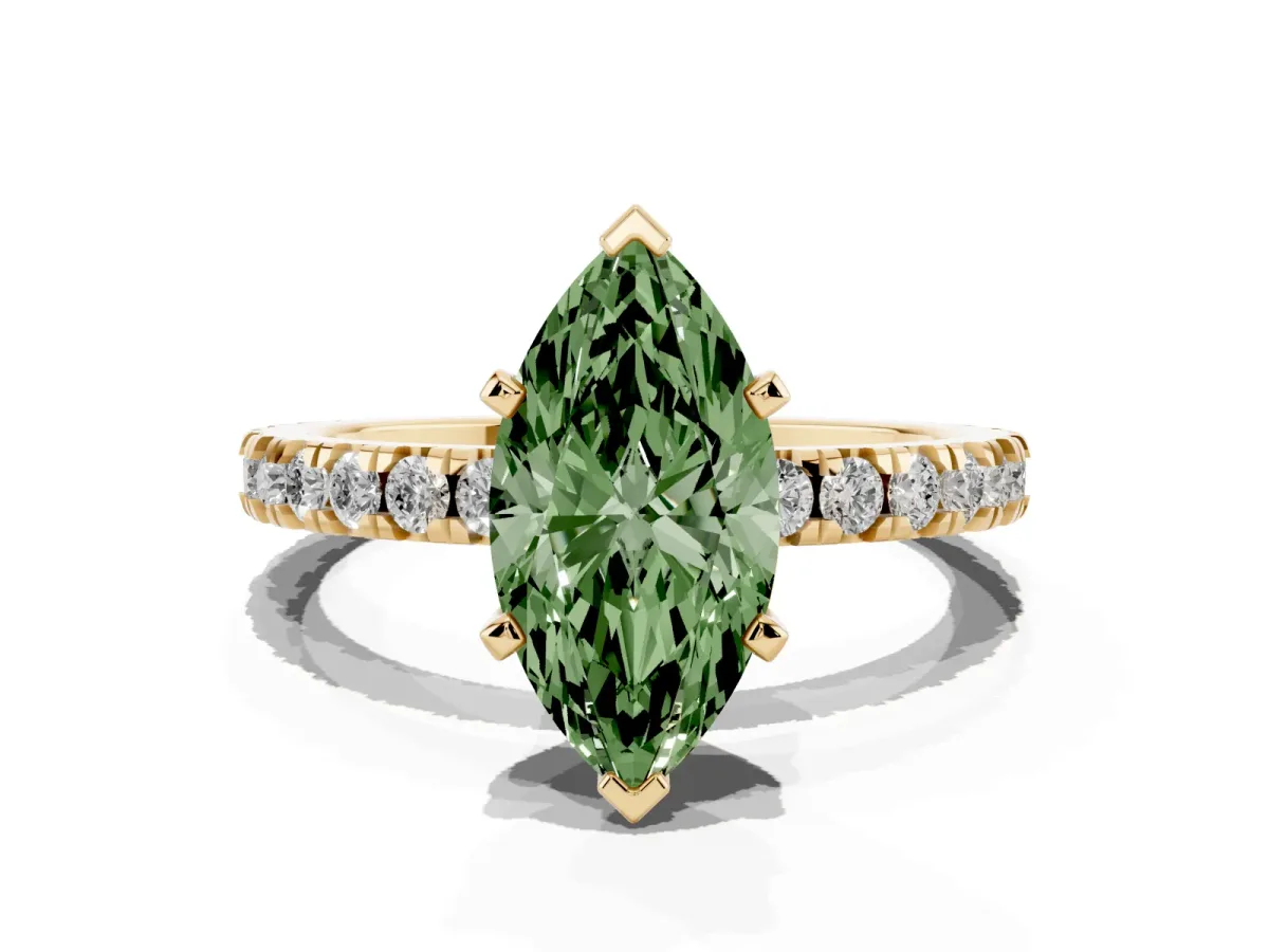 Fancy Green Marquise Cut Diamond Pavé Band Solitaire with Four-Prong Setting Yellow gold