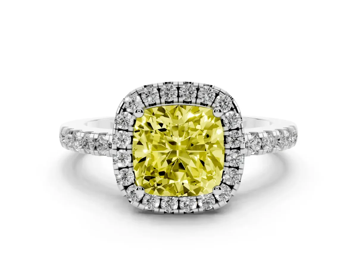 Fancy Yellow Cushion Cut Halo Diamond Engagement Ring with Pavé Band and Four-Prong Setting Platinum