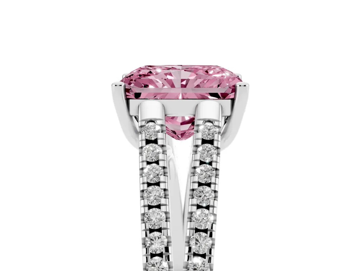 Fancy Pink Radiant Cut Diamond Solitaire Engagement Ring with Split Shank Pavé Band Silver