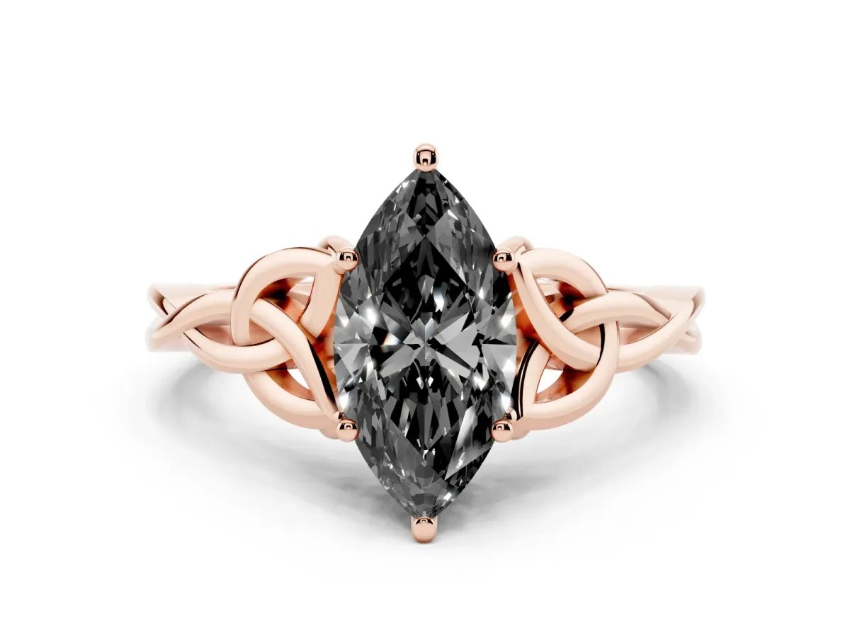 Fancy Black Marquise Cut Diamond Solitaire Engagement Ring with Celtic Knot Band and Four-Prong Setting Rose gold