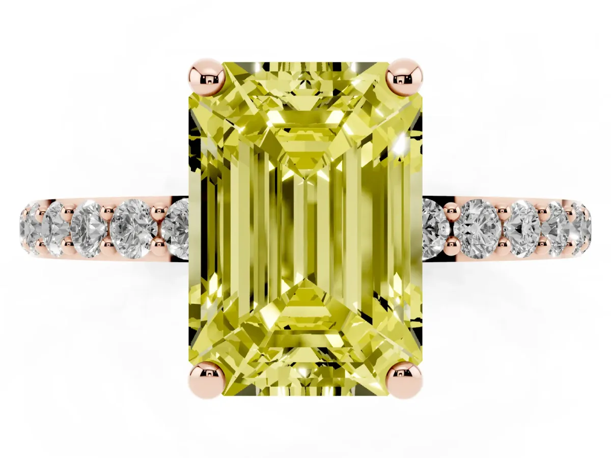 Fancy Yellow Emerald Cut Diamond Solitaire Ring with Round Pavé Band and Prong Setting Rose gold