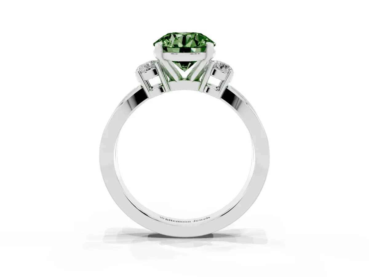 Fancy Green Three-Stone Round Cut Cut Diamond Twist Band with Prong Setting Silver