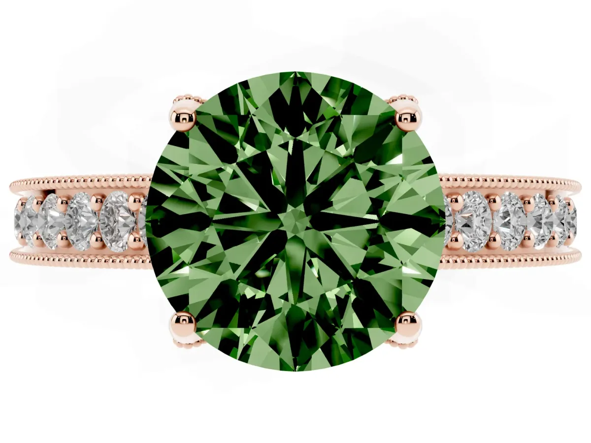 Fancy Green Round Cut Cut Diamond Solitaire Ring with Milgrain Pave Band and Four Prong Setting Rose gold