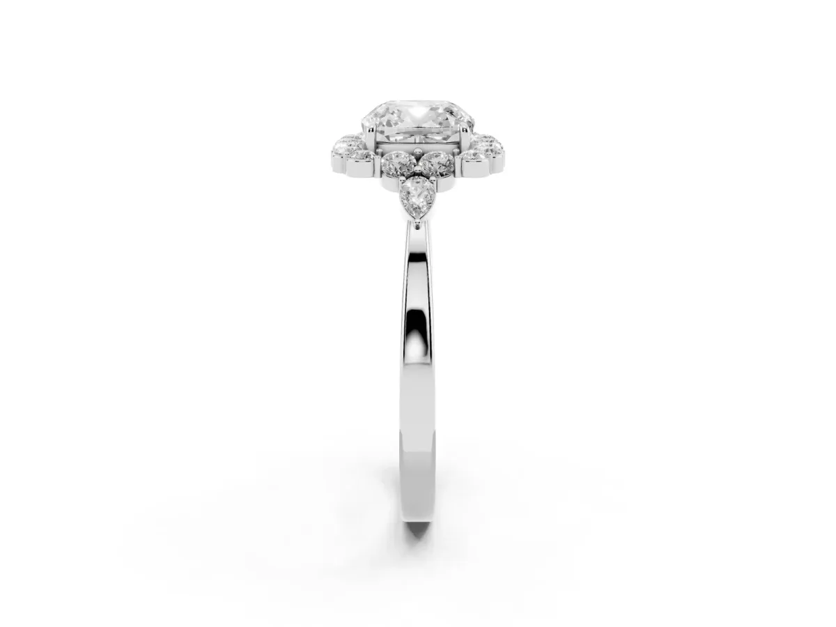 Cushion Cut Diamond Halo Ring with Pear Side Stones and Prong Setting Silver