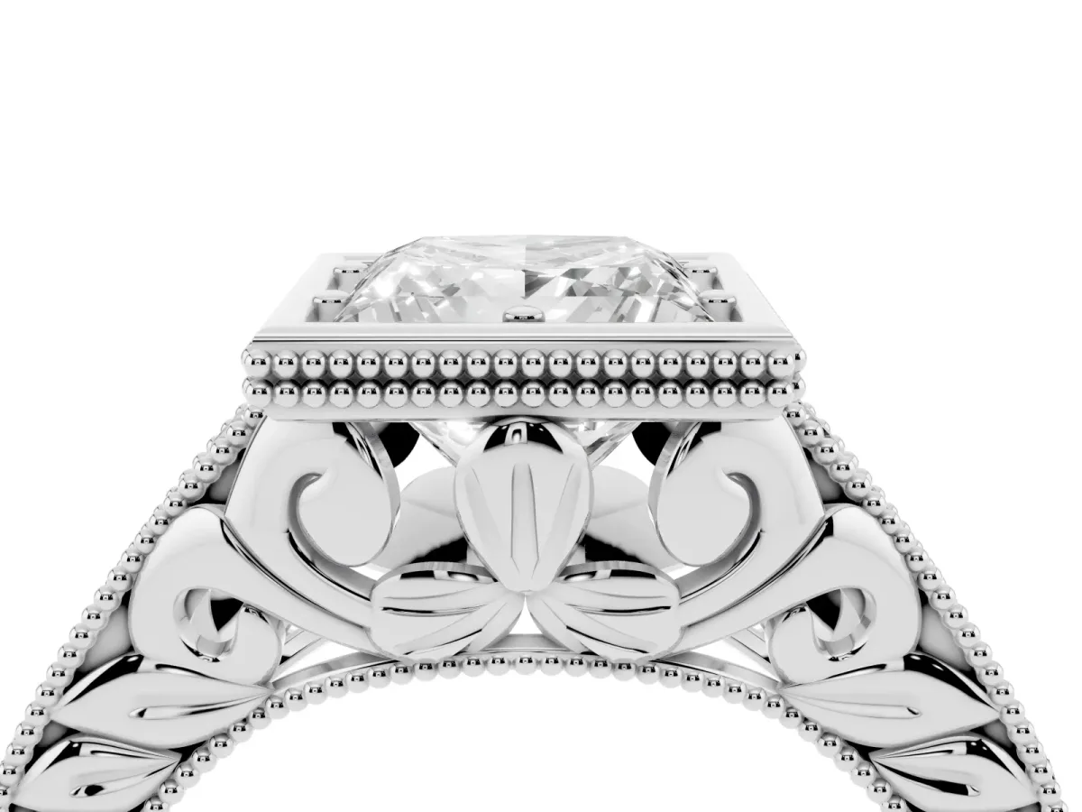 Bezel Set Princess Cut Diamond Milgrain Pave Engagement Ring Silver