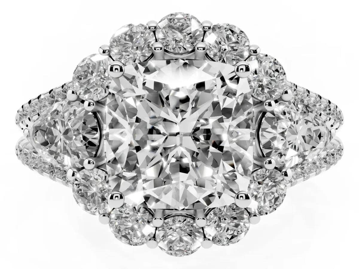 Cushion Cut Halo Split Shank Diamond Engagement Ring with Prong Setting Platinum