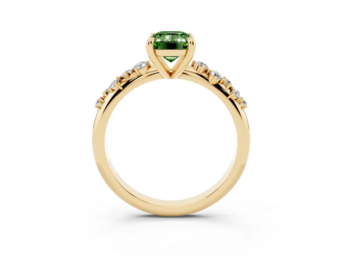 Fancy Green Emerald Cut Cut Diamond Vine Band with Four-Prong Setting Yellow gold